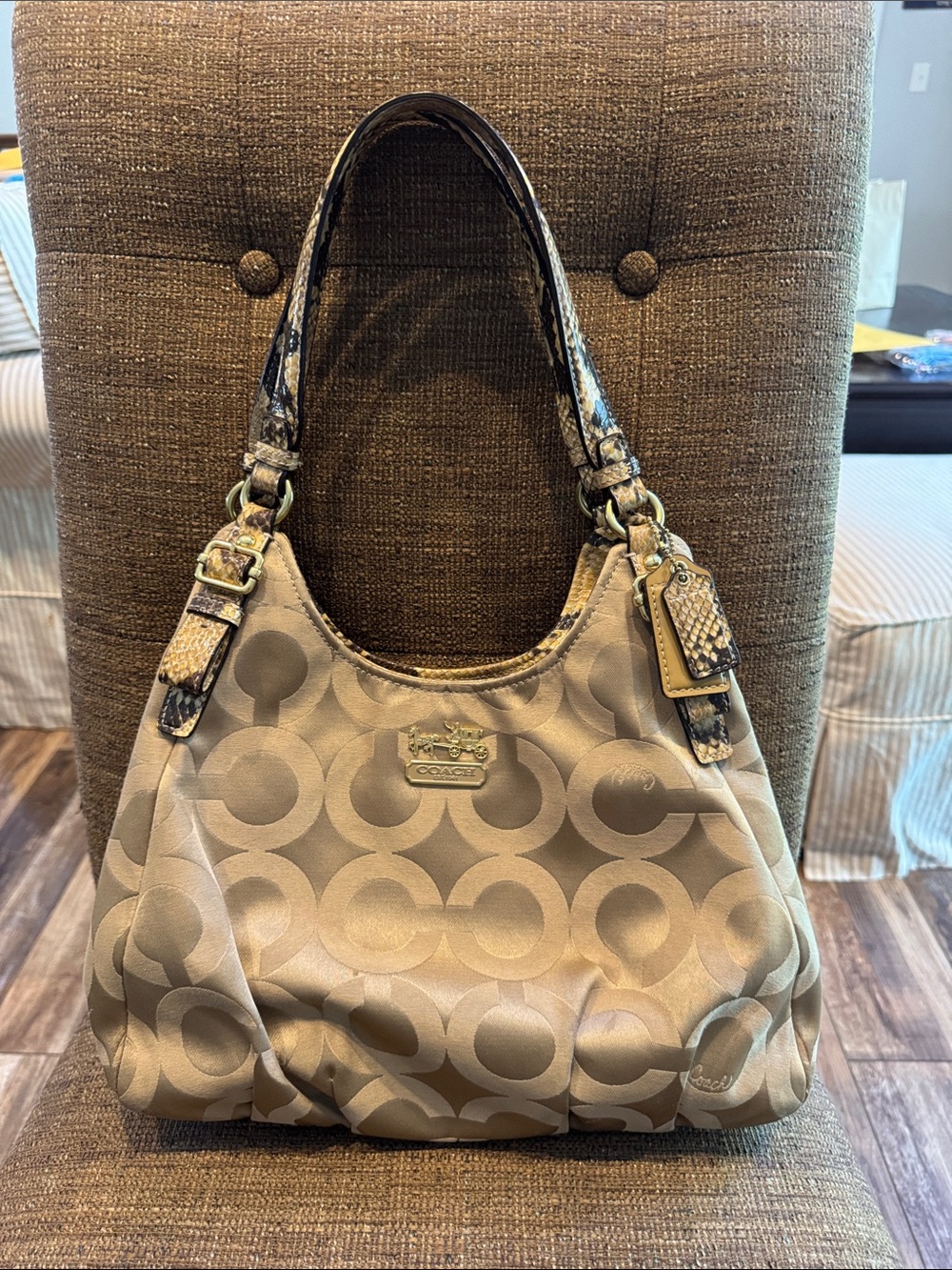 Coach Madison Op Art Sateen Maggie shoulder bag snakeskin handles 2 hangtags